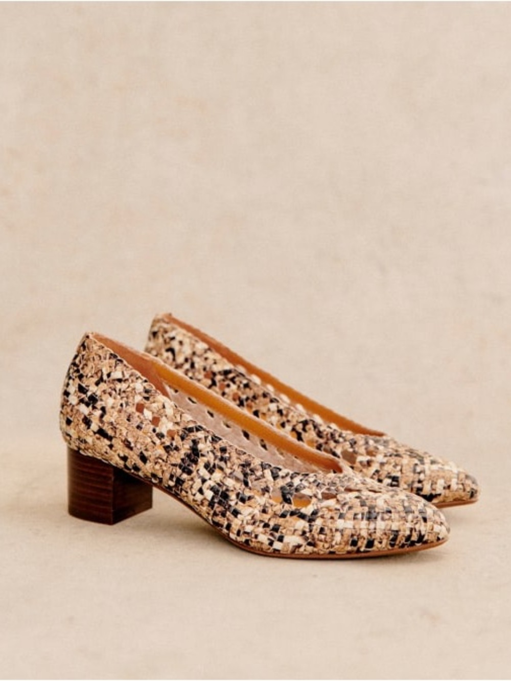 Sezane Beige and Black Woven Block Heel Pumps